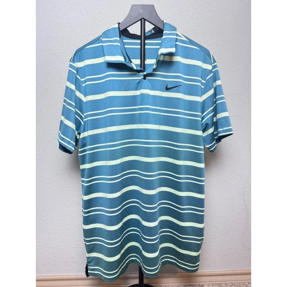 Nike Dri-FIT Mens Golf Polo Shirt Blue Green Striped Large Active Outdoor